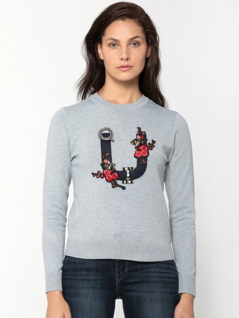 

ONLY Women Grey Embroidered Pullover Sweater