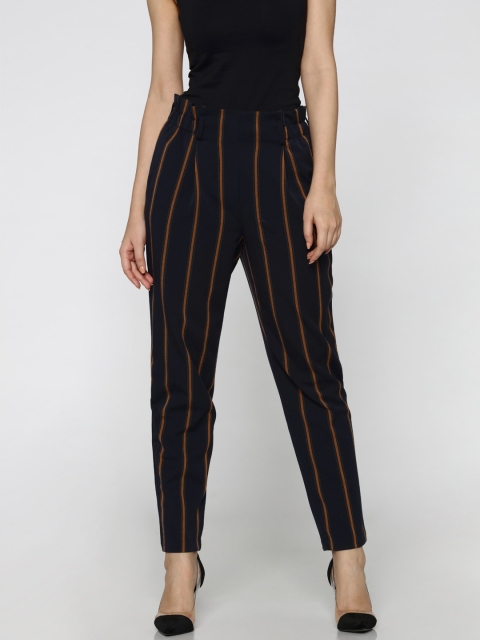 

ONLY Women Navy Blue & Mustard Regular Fit Striped Regular Trousers