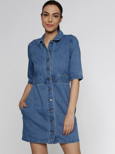 

ONLY Women Blue Solid A-Line Denim Dress