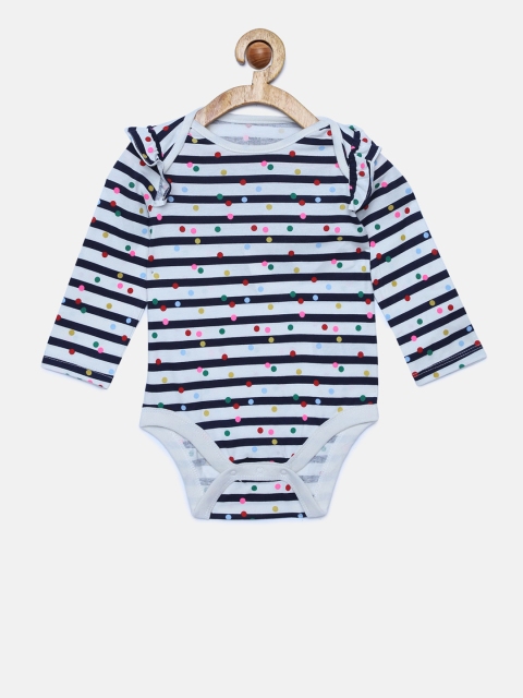 

GAP Baby Girls' Blue Stripe Dot Ruffle Long Sleeve Romper, Off white