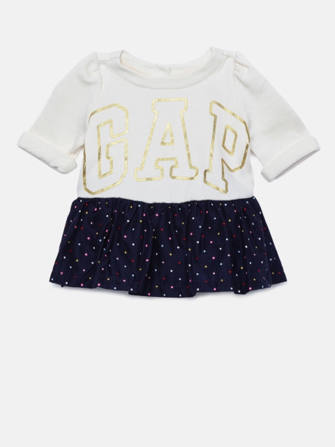 

GAP Baby Girls' Off-White & Navy Blue Foil Logo Mix-Fabric Dress