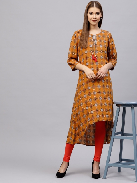 

Shree Women Mustard Yellow & Grey Printed High-Low A-Line Kurta