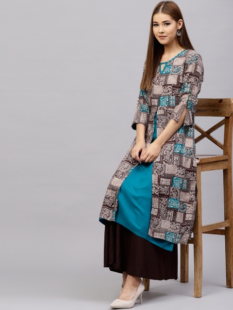 

Shree Women Grey & Teal Blue Printed Layered Straight Kurta