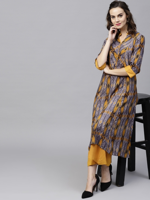 

Shree Women Grey & Mustard Brown Printed Kurta with Palazzos