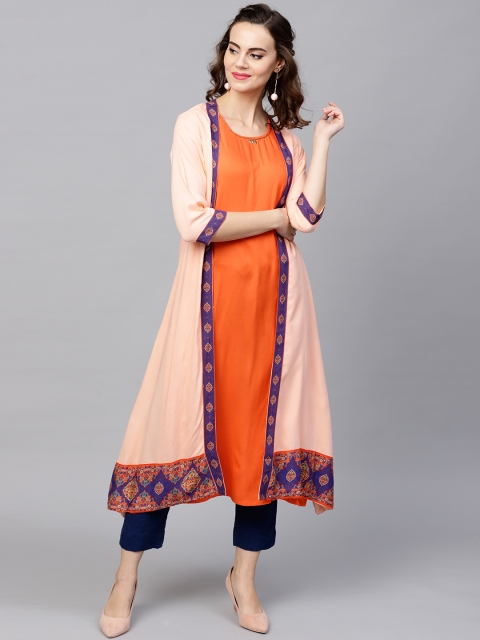 

Shree Women Peach-Coloured & Orange Solid A-Line Kurta