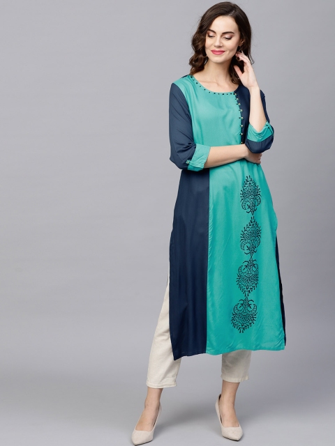 

Shree Women Teal Green & Navy Blue Colourblocked Straight Kurta