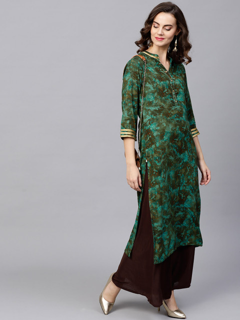 

Shree Women Olive Green & Blue Printed Straight Kurta