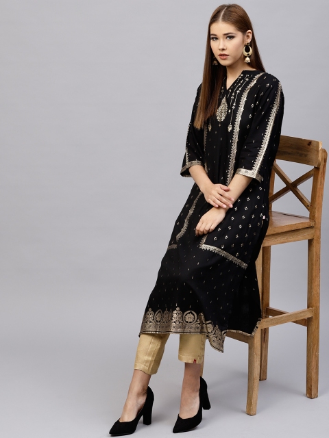 

Shree Women Black & Golden Printed Straight Kurta