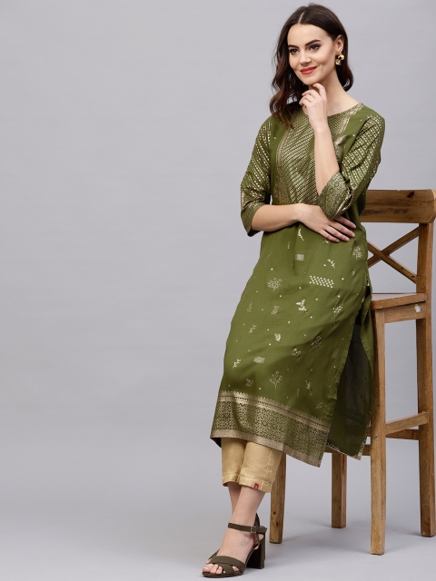 

Shree Women Olive Green & Golden Printed Straight Kurta