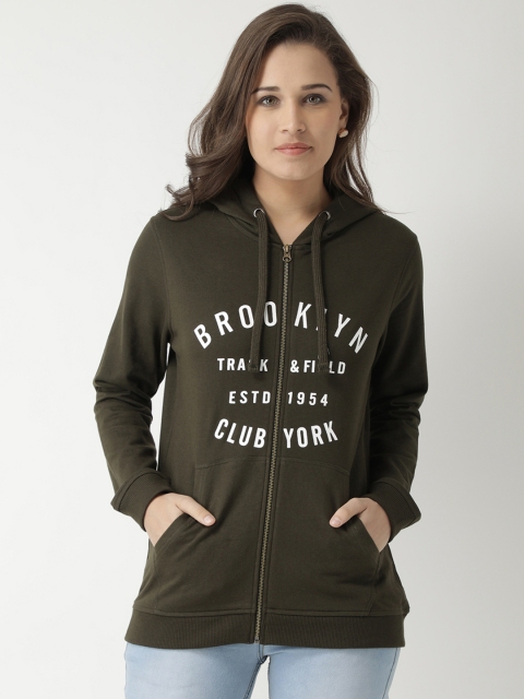 

Club York Women Olive Green Printed Hooded Sweatshirt