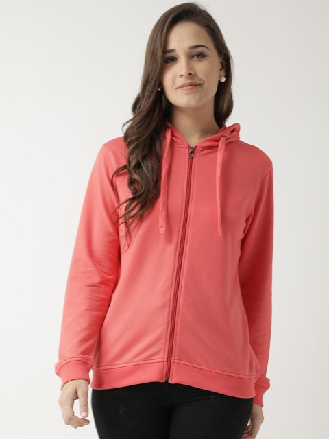 

Club York Women Coral Pink Solid Hooded Sweatshirt