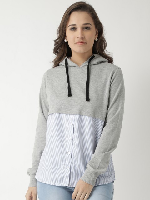 

Club York Women Grey & Blue Striped Hooded Sweatshirt