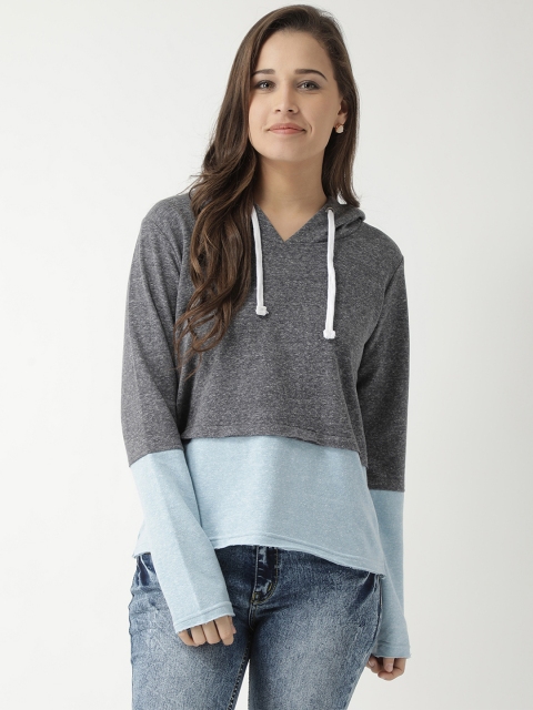 

Club York Women Charcoal Grey & Blue Colourblocked Hooded Sweatshirt