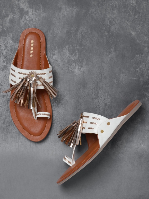 

Anouk Women White & Rose-Gold Toned Striped One Toe Flats