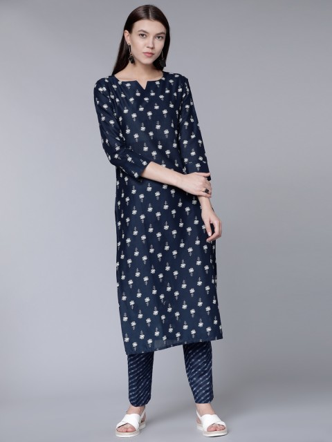 

Vishudh Women Navy Blue Printed Kurta with Trousers