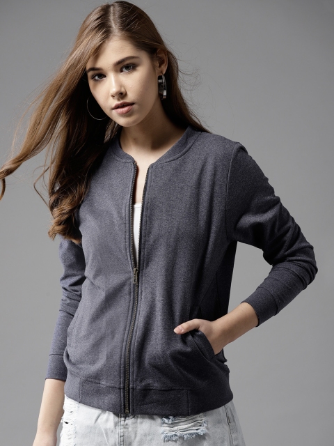 

HERE&NOW Women Navy Blue Solid Sweatshirt