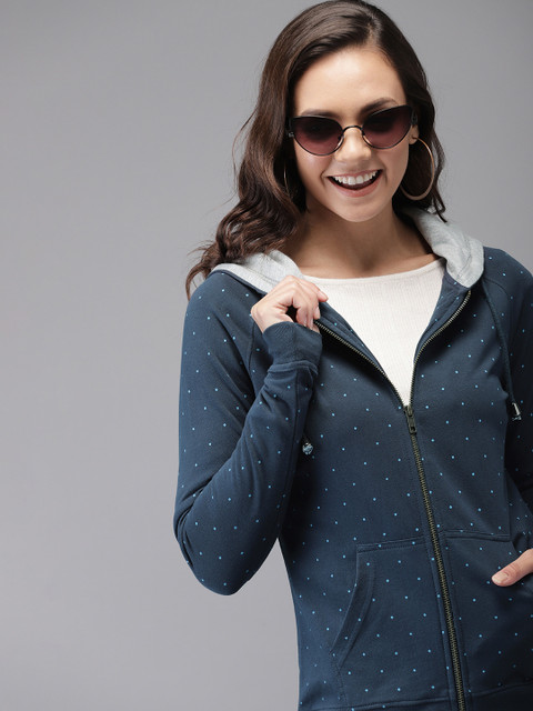 

HERE&NOW Women Navy Blue Printed Hooded Sweatshirt