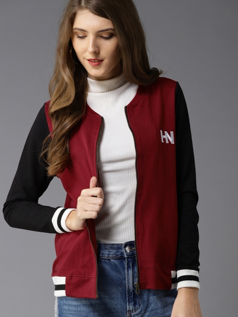 

HERE&NOW Women Maroon & Black Solid Sweatshirt