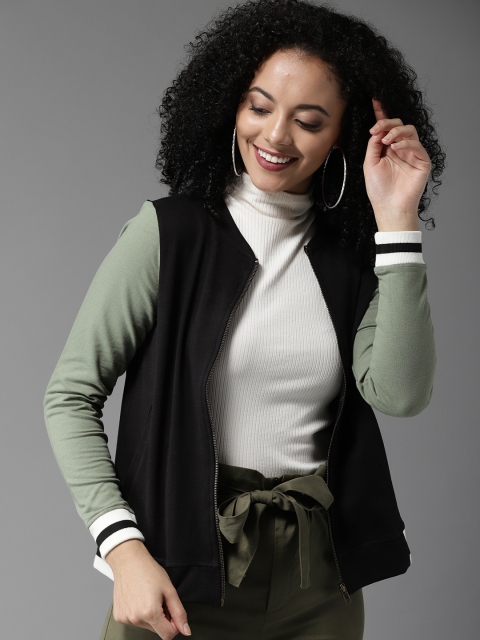 

HERE&NOW Women Black & Olive Green Solid Sweatshirt
