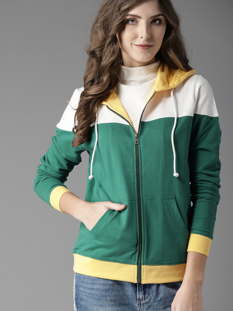

HERE&NOW Women Green & White Colourblocked Hooded Sweatshirt