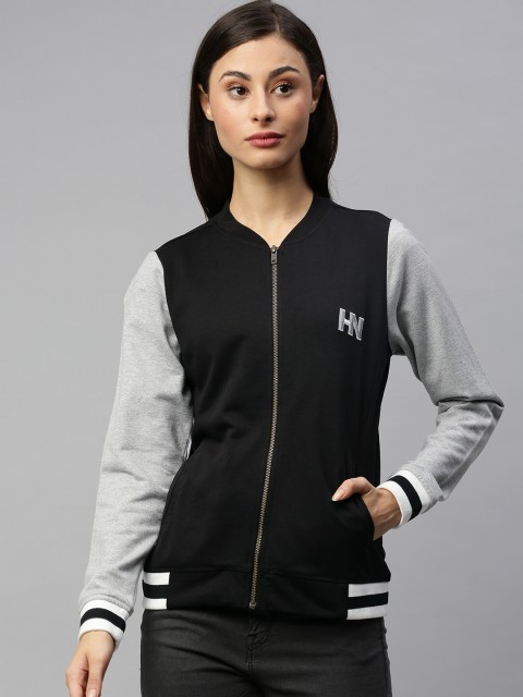 

HERE&NOW Women Black Solid Front-Open Sweatshirt