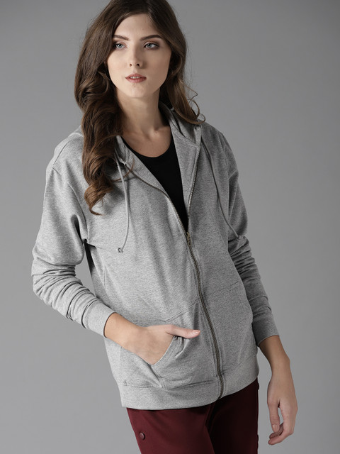 

HERE&NOW Women Grey Melange Solid Hooded Sweatshirt
