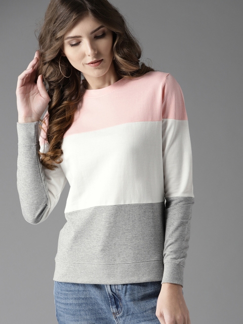 

HERE&NOW Women Pink & White Colourblocked Sweatshirt