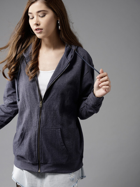 

HERE&NOW Women Navy Blue Solid Hooded Sweatshirt