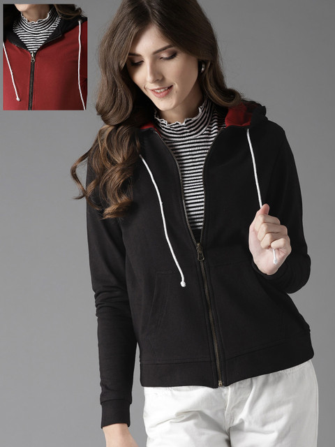 

HERE&NOW Women Maroon & Black Solid Reversible Hooded Sweatshirt