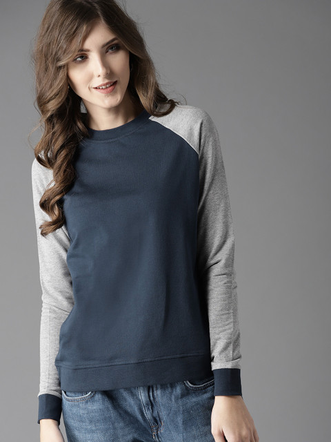

HERE&NOW Women Navy Blue and Grey Melange Solid Sweatshirt