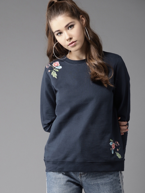 

HERE&NOW Women Navy Embroidered Detail Sweatshirt, Navy blue