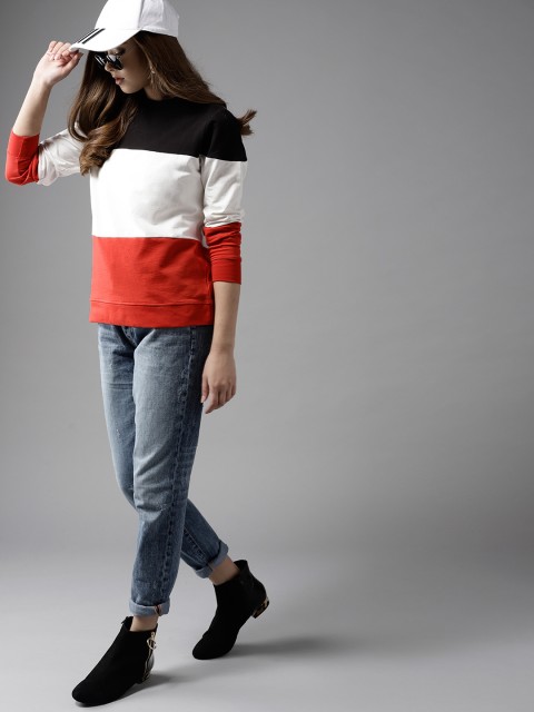 

HERE&NOW Women Black & White Colourblocked Sweatshirt