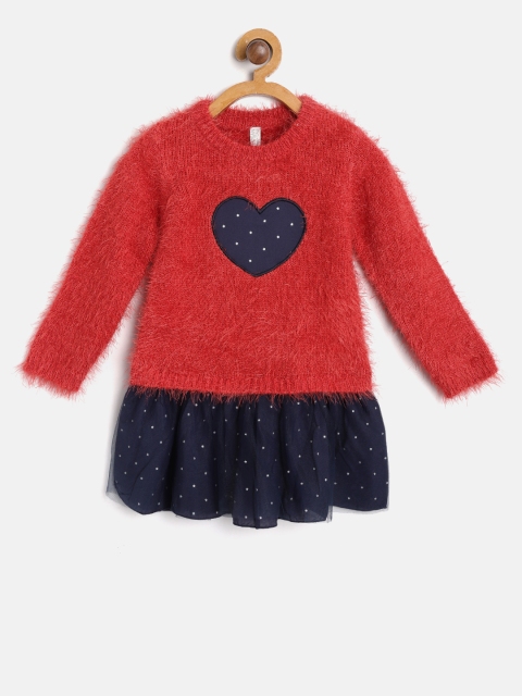 

Losan Girls Red & Navy Printed Drop-Waist Dress with Applique Detail