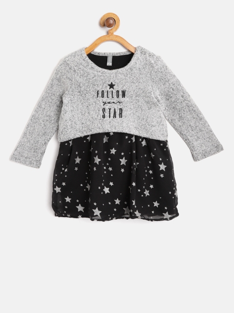 

Losan Girls Grey Melange & Black Printed Layered A-Line Dress