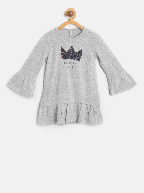 

Losan Girls Grey Melange Self Design Drop-Waist Dress