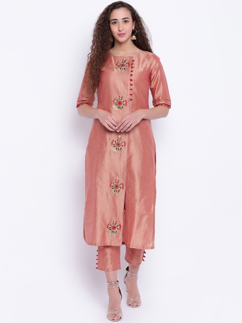 

Shakumbhari Women Peach-Coloured Embroidered Kurta with Trousers