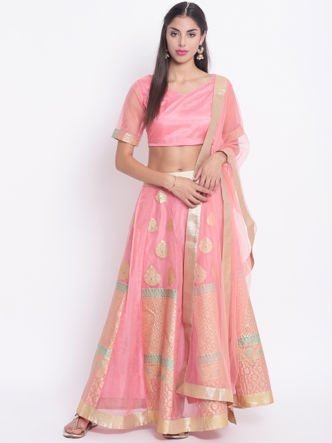 

Shakumbhari Pink & Golden Solid Ready to Wear Brocade Lehenga & Blouse with Dupatta