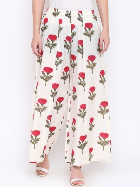 

Shakumbhari Women White & Pink Printed Flared Palazzos