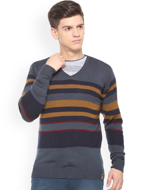 

Peter England Men Grey & Navy Blue Striped Pullover