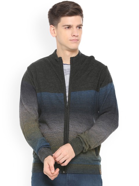 

Peter England Men Grey & Navy Blue Striped Cardigan