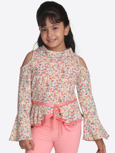 

CUTECUMBER Girls Cream-Coloured Printed Peplum Top