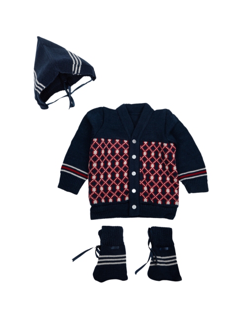 

MeeMee Unisex Teal Blue & Red Self Design Woollen Cardigan