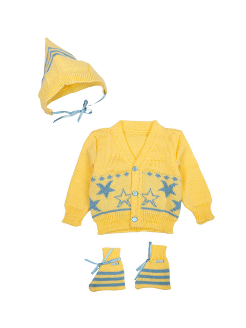 

MeeMee Unisex Yellow & Blue Self Design Woollen Cardigan