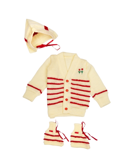 

MeeMee Unisex Cream-Coloured & Red Striped Woollen Cardigan