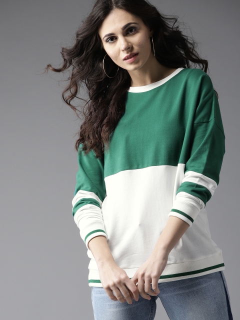 

Moda Rapido Women Green & White Colourblocked Sweatshirt