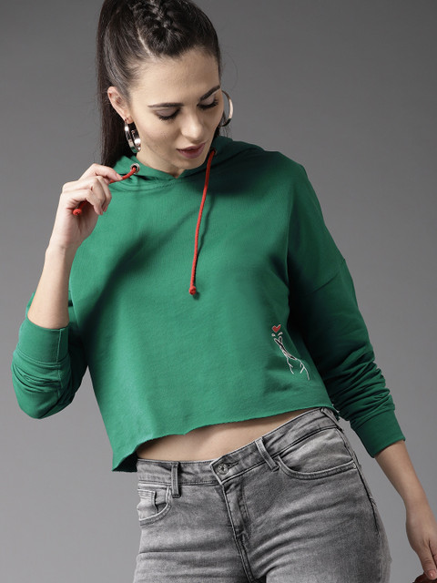 

Moda Rapido Women Green Solid Hooded Crop Sweatshirt