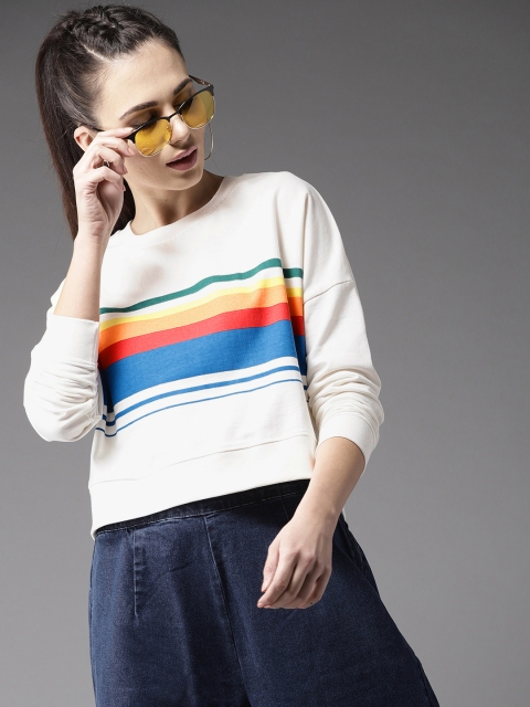 

Moda Rapido Women Off-White & Blue Striped Cropped Sweatshirt