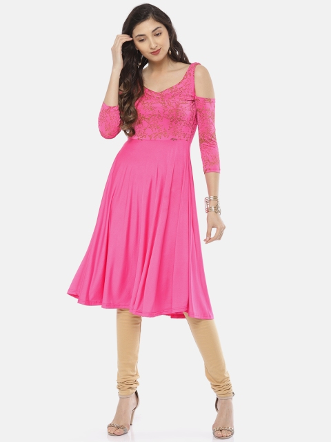 

Ira Soleil Women Pink Printed A-Line Cold-shoulder Kurta