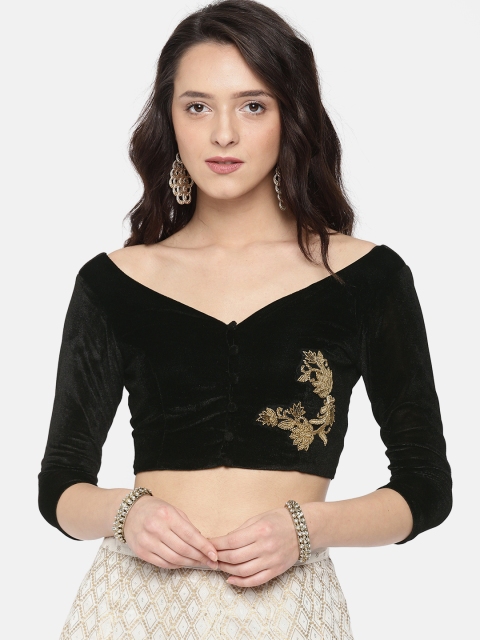 

Ira Soleil Women Black Velvet Solid Embellished Crop Top