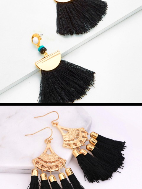 

OOMPH Set of 2 Gold-Toned & Black Contemporary Drop Earrings